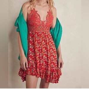 Free People Adella Floral Coral/Red Lace-Trim Sundress EUC